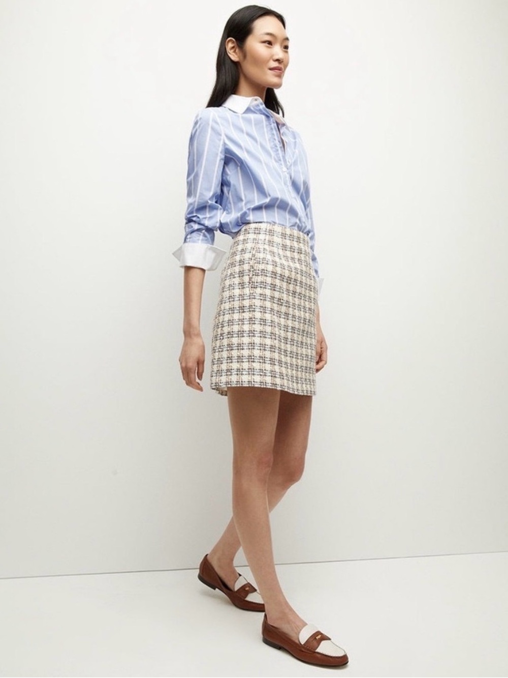 Veronica Beard Roman Women's Tweed Mini Skirt - Cream & Blue Size 14